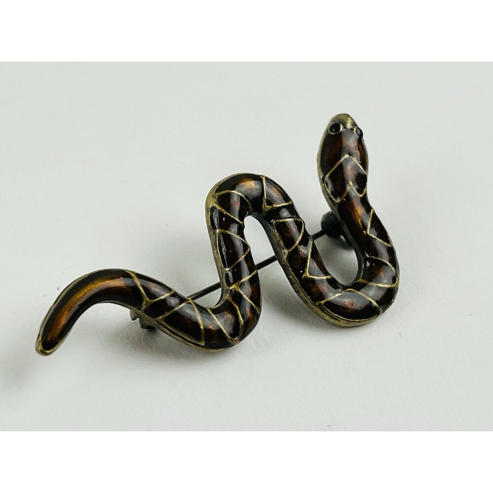 Vintage Enamel snake Brooch Slithering Brown Gold 2” Pin Black Eyes Serpent SW A